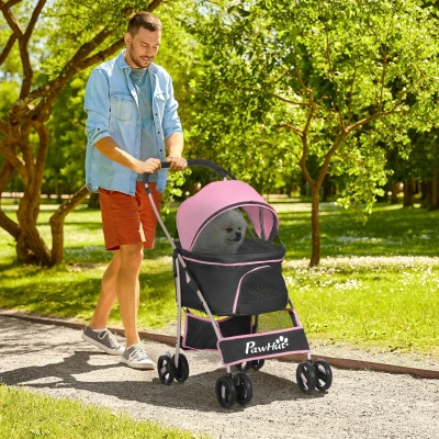 PawHut Passeggino Cani Pieghevole con Trasportino Rimovibile Rosa