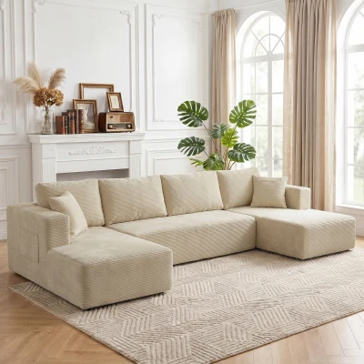 HOMCOM Komprimiertes modulares U‑Sofa 337 cm, 4‑Sitzer Schlafsofa in Cordvelours, breite Sitzfläche, Creme