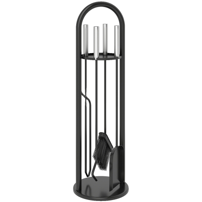 Outsunny Haardgereedschap 5-delig – bezem, schep, haak, tang & standaard, zwart