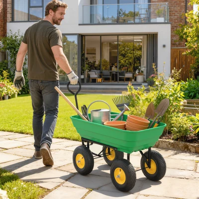 Outsunny Gartenwagen mit Kippfunktion bis 200 kg Handwagen mit 75 Liter Kunststoffwanne Ziehgriff Luftbereifung Dunkelgrün