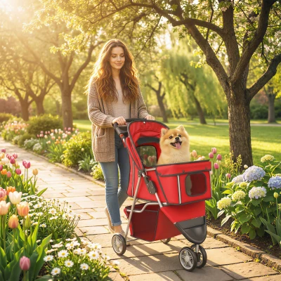 PawHut Hondenbuggy Inklapbaar met Opbergmand, Kussen, Mesh-Ramen en Bekerhouder voor Kleine Honden tot 10 kg Rood