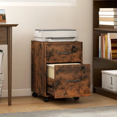 HOMCOM Caisson Bureau 2 Tiroirs Roulettes Rangement Marron