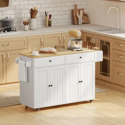 HOMCOM Isla de cocina con ruedas, 2 cajones, 2 armarios, móvil, estante para especias, toallero, soporte para cuchillos, MDF, Blanco