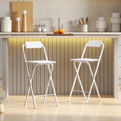 HOMCOM Barhocker 2er Set, Klappbar Barstuhl mit Stahlgestell, Lehne, Fußstütze Tresenhocker für Küche 37 x 45 x 87 cm Weiß