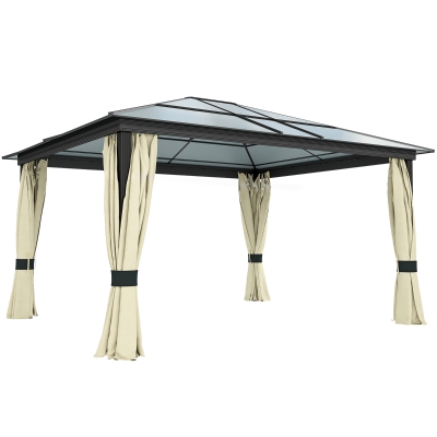 Outsunny Hardtop-Gartenpavillon 4,2 x 3,6 m, Vorhänge mit Fliegennetz, Alugestell, Braun+Creme