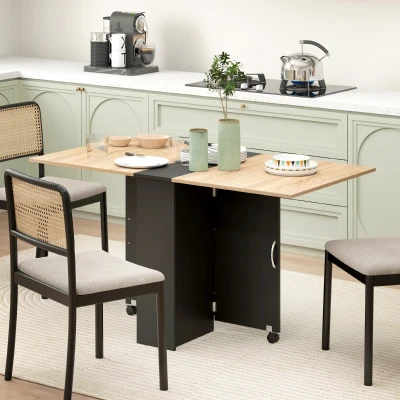 HOMCOM Mesa de Cozinha Dobrável Mesa de Madeira com 2 Prateleiras de Armazenamento e Rodas 75x140x74 cm Preto e Madeira