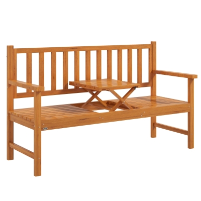 Outsunny Bancă de Grădină pentru 2-3 Persoane din Lemn de Pin, Bancă de Exterior cu Măsuță Rabatabilă și Brațe, pentru Balcon, Terasă și Grădină, 153x56x91 cm, Maro Deschis