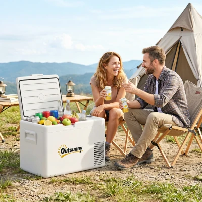 Outsunny 22 Liter Campingkoelkast, Autokoelkast, Koelbox met LED-Licht, AC- en DC-Adapter, Stille Werking, Crèmewit