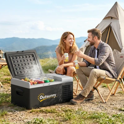 Outsunny Nevera de Coche 16L -20℃-10℃ 12 / 24V DC y 100-240V CA con Modos ECO/MAX para Camping Viajes 60x32x26 cm Negro y Gris