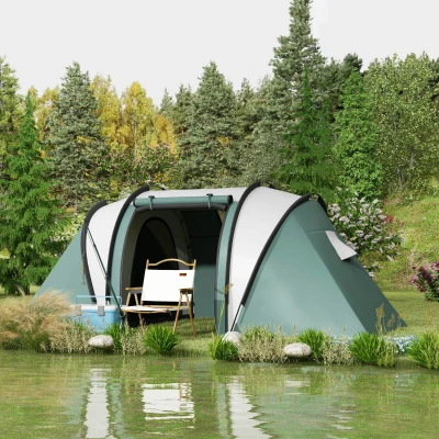 Outsunny Lichtgewicht Waterafstotende Campingtent voor 4-5 Personen met 3 Kamers, Zijdeur en Ramen in Donkergroen