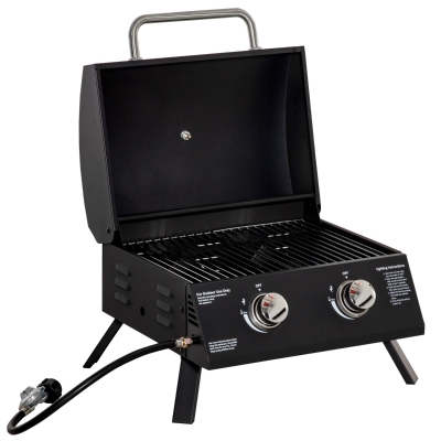 Outsunny tafelgrill gasgrill BBQ met 2 branders mobiele grillwagen grillnet klein buitentafel gasgrill picknick met reduceerslang RVS zwart 55 x 46.5 x 41 cm