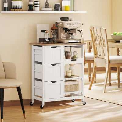 HOMCOM Carrinho de Cozinha com Rodas Carrinho de Serviço com 3 Gavetas 2 Prateleiras Abertas e Bandeja 67x37x85,5 cm Branco