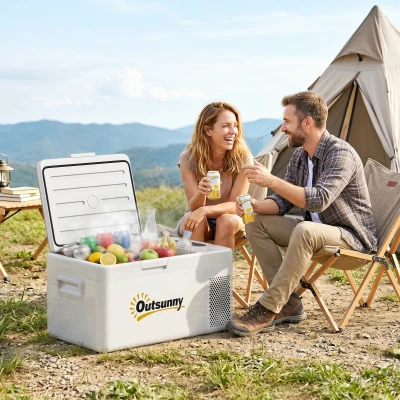 Outsunny Nevera Portátil Eléctrica 16,8L Refrigerador de Coche 12/24/220V -20℃ a +20 ℃ con Pantalla Luz LED 59x32x28 cm Blanco