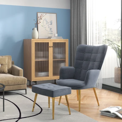 HOMCOM Fauteuil Salon Velours Gris Foncé avec Repose-pied Acier