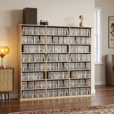 HOMCOM Aufbewahrungsmöbel 1032 CDs / 594 DVDs, Multimedia-Regal, 24 Fächer und 18 verstellbare Böden, Eiche