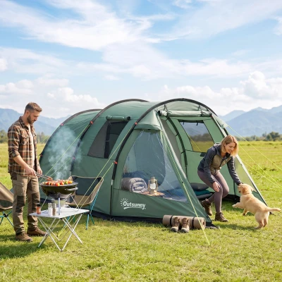 Outsunny Tienda de Campaña para 3 Personas Impermeable PU2000 mm Protección UV30+ con Bolsa de Transporte 475x264x172 cm Verde