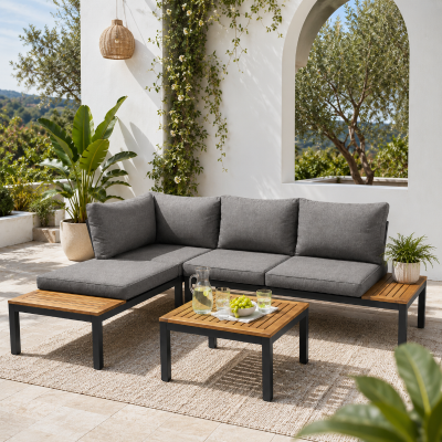 Space-Saving L-Shaped Corner Sofa with Wooden Table, Grey