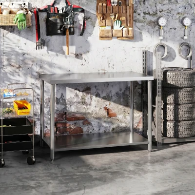 HOMCOM Établi Atelier Acier Inox 2 Étagères 120x60x86cm Argenté