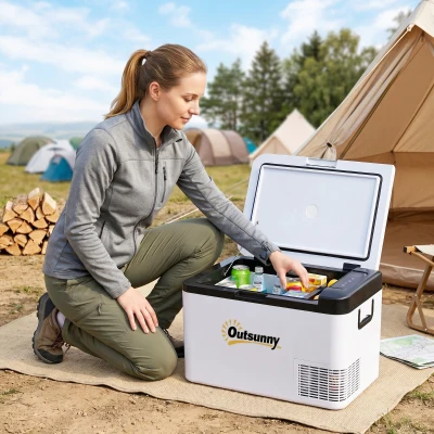 Outsunny Nevera Portátil Eléctrica 18L 12/24V hasta -20℃ Nevera y Congelador de Compresor para Coche con Doble Zona Luz LED Asas Plegables Bajo Consumo Energético para Camping 58,5x33,5x29,2 cm Blanco
