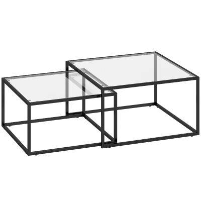 HOMCOM Couchtische 2er-Set Satztisch mit gehärteter Glasplatte und Metallrahmen, für Wohnzimmer Schwarz