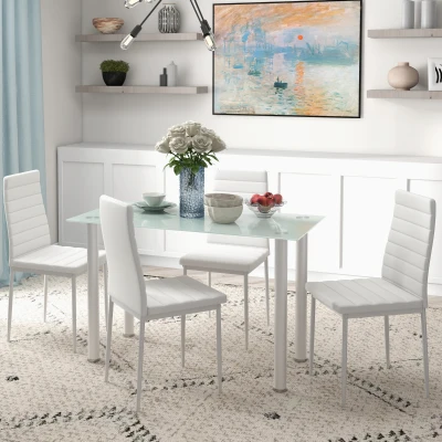HOMCOM Ensemble de table à manger avec 4 chaises plateau en verre trempé, pieds en acier, pour cuisine salon blanc