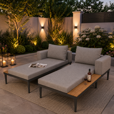 Modular Outdoor Double Chaise Lounge with Sturdy Iron Frame, 150L x 140W x 55H cm, Gray