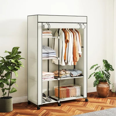HOMCOM Armoire Tissu Crème 6 Roulettes Tringle 103x43x162,5cm