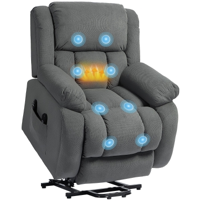 HOMCOM Relaxstoel met Massage- en Warmtefunctie, Elektrische Opsta-Stoel, Afstandsbediening, Zijvakken, Grijs