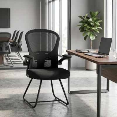 HOMCOM Office Reception Chair Mesh Metal Flip-up Armrest Black
