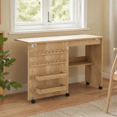 HOMCOM Table Couture Pliante Roulante 2 Bacs Étagère Naturel