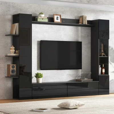 Kompakt-Wohnwand 4-teilig, integrierte TV-Möbelwand mit Vitrine und offenen Regalen, viel Stauraum, 245x30x170 cm, Schwarz