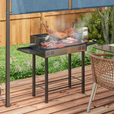 Outsunny Houtskoolgrill BBQ-Grill, verstelbaar rooster, 1 draaispies, 118 x 32 x 90 cm, Zwart + Zilver