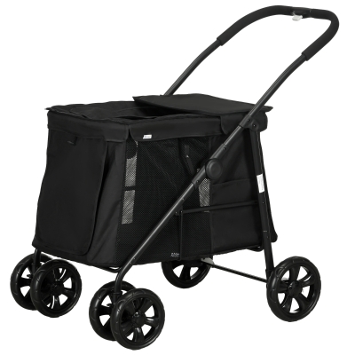 PawHut Hondenbuggy met Kussen, 3 Zijvakken, Opvouwbaar, Hondenkar, 102 cm x 62 cm x 105 cm, Zwart