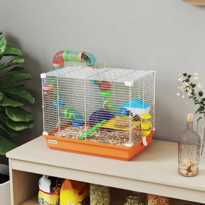 PawHut Jaula para Hámster con Túnel Cuenco Bebedero Casita Rampa Rueda de Ejercicio Bandeja Extraíble 46x30x37 cm Naranja