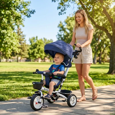 HOMCOM 6-in-1 Kinderdreirad mit Schiebestange, Dach, Gurt, Ablagekorb, 18+ Monate, Dunkelblau