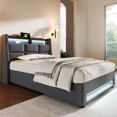 Polsterbett 90x200 cm, Gasdruckfeder-Stauraum und robustem Metall-Lattenrost, Bezug in Leinenoptik, 210x95x117 cm, Grau