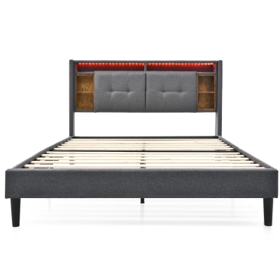 Polster-Doppelbett mit Stauraum-Kopfteil, Lattenrost aus Massivholz und Metall, für Matratze 160X200 cm, ohne Matratze, 223x169x107 cm, Grau