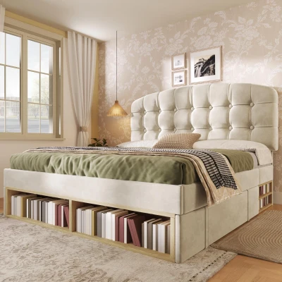 Doppelbett 140x200 Polsterbett mit Lattenrost, 3-fach höhenverstellbares geschwungenes Kopfteil, ohne Matratze, 207x151x120 cm, Beige