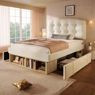 Polsterbett 90x200, dreifach höhenverstellbar, integrierte Schubladen und Staufächer, 207x101x120 cm, Beige