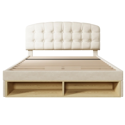 Doppelbett 140x200 Polsterbett mit Lattenrost, 3-fach höhenverstellbares geschwungenes Kopfteil, ohne Matratze, 207x151x120 cm, Beige