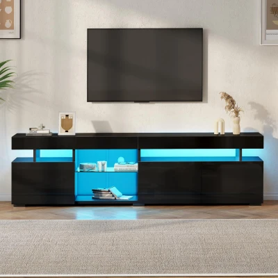 TV-Lowboard mit Hochglanz-Front, verstellbare Trennwand aus gehärtetem Glas, geeignet für Fernseher bis ca. 80 Zoll, 180x35x45 cm, Schwarz