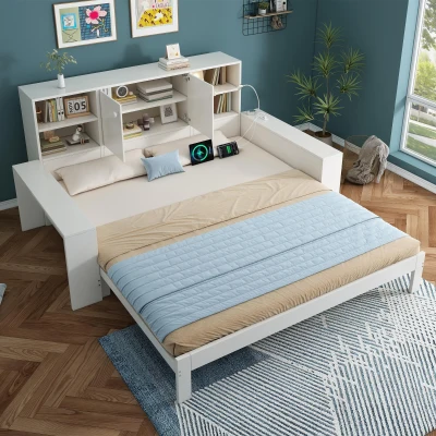 Stauraumbett 90x200 cm, mit ausziehbarem Gästebett 180x200 cm, 3 höhenverstellbaren Einlegeböden, 237x133x100 cm, Weiß