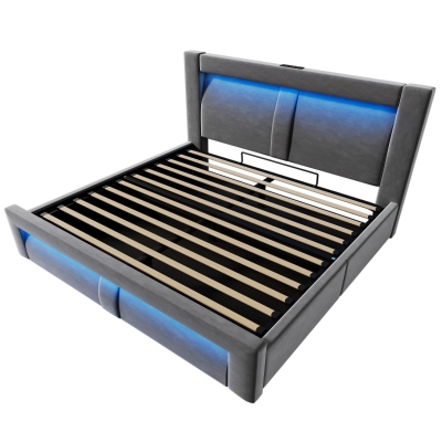 Doppelbett 140x200 cm mit hydraulischem Lift, gepolstertem Kopfteil mit geschwungenem Design, ohne Matratze, 217x143x107 cm, Grau