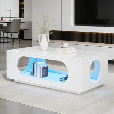 Couchtisch mit LED-Beleuchtung, großer Stauraum mit integriertem Kabelmanagement, 100x50x35 cm, Weiß