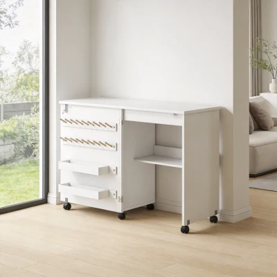 HOMCOM Table Couture Pliante Blanc 2 Compartiments 18 Bobines Roulettes