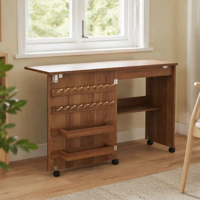 HOMCOM Table Couture Pliante Roulante 2 Bacs 18 Chevilles Marron
