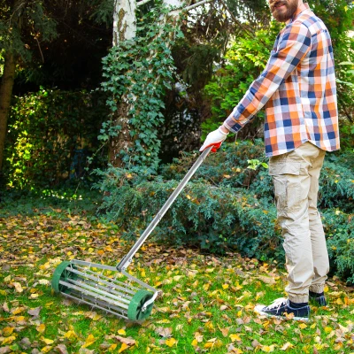 Outsunny gazonbeluchter handvat lengte verstelbaar handverticuteer gazonbeluchter spiked roller gazon rollende gazonbeluchter onderhoud tuin verzinkte buis groen + zilver 135 x 42,5 x 15 cm