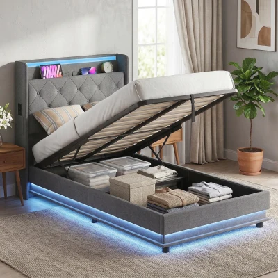 HOMCOM Single Bed Frame Hydraulic Storage LED Grey 3ft