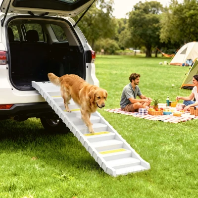PawHut Rampa Plegable para Perros para Coche y Camas Altas de 10 Peldaños con Tiras y Alfombrillas Antideslizantes, Blanco