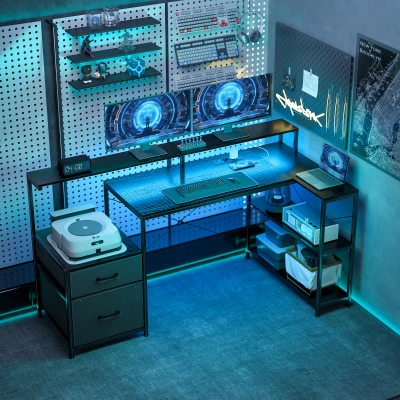 HOMCOM Gamingbureau L-vormig bureau met LED & stopcontacten, met dubbel monitorhouder, 165x80x91,5 cm, zwarte houtlook